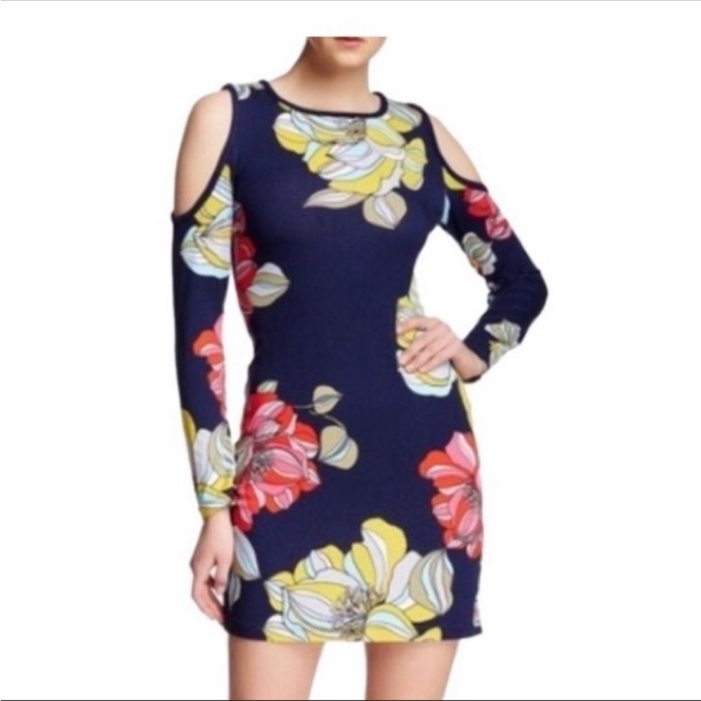 Trina Turk Venya Open Shoulder Bodycon Round Neck Blue Floral Tunic Dress Xs